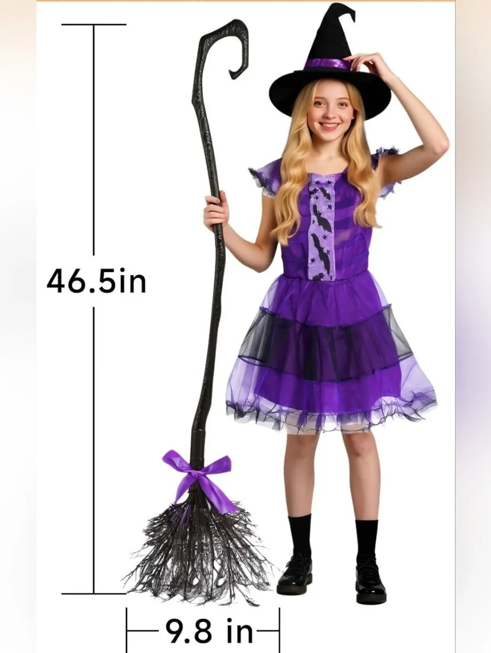 Kids Witch Halloween Costume Set Size M Purple Dress Hat & Broom